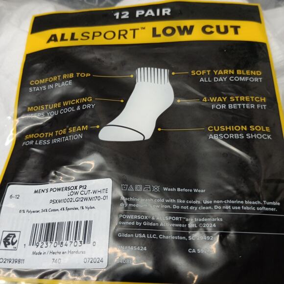 Powersox Men's Low Cut Socks 12 Pair White Size Large 6-12 Moisture Wicking NEW - Picture 4 of 4